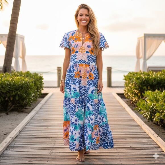 OLIPHANT V-neck Maxi Dress Size Medium Blue Antigua Multi Tiered Flutter Sleeve - Picture 11 of 11